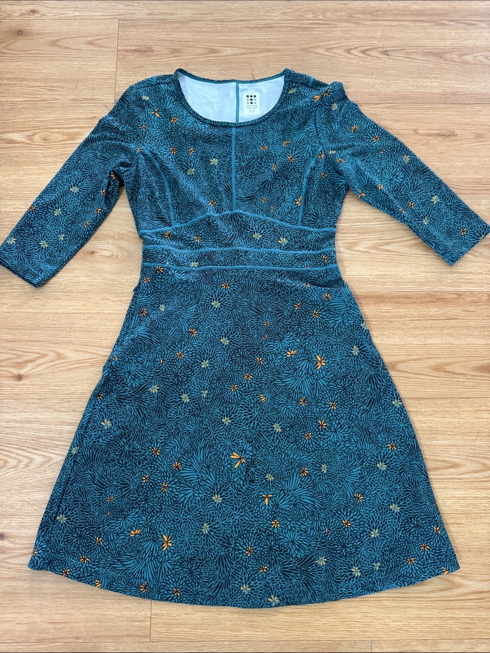 Title Nine Teal Floral A-Line Dress with 3/4 Sleeves
